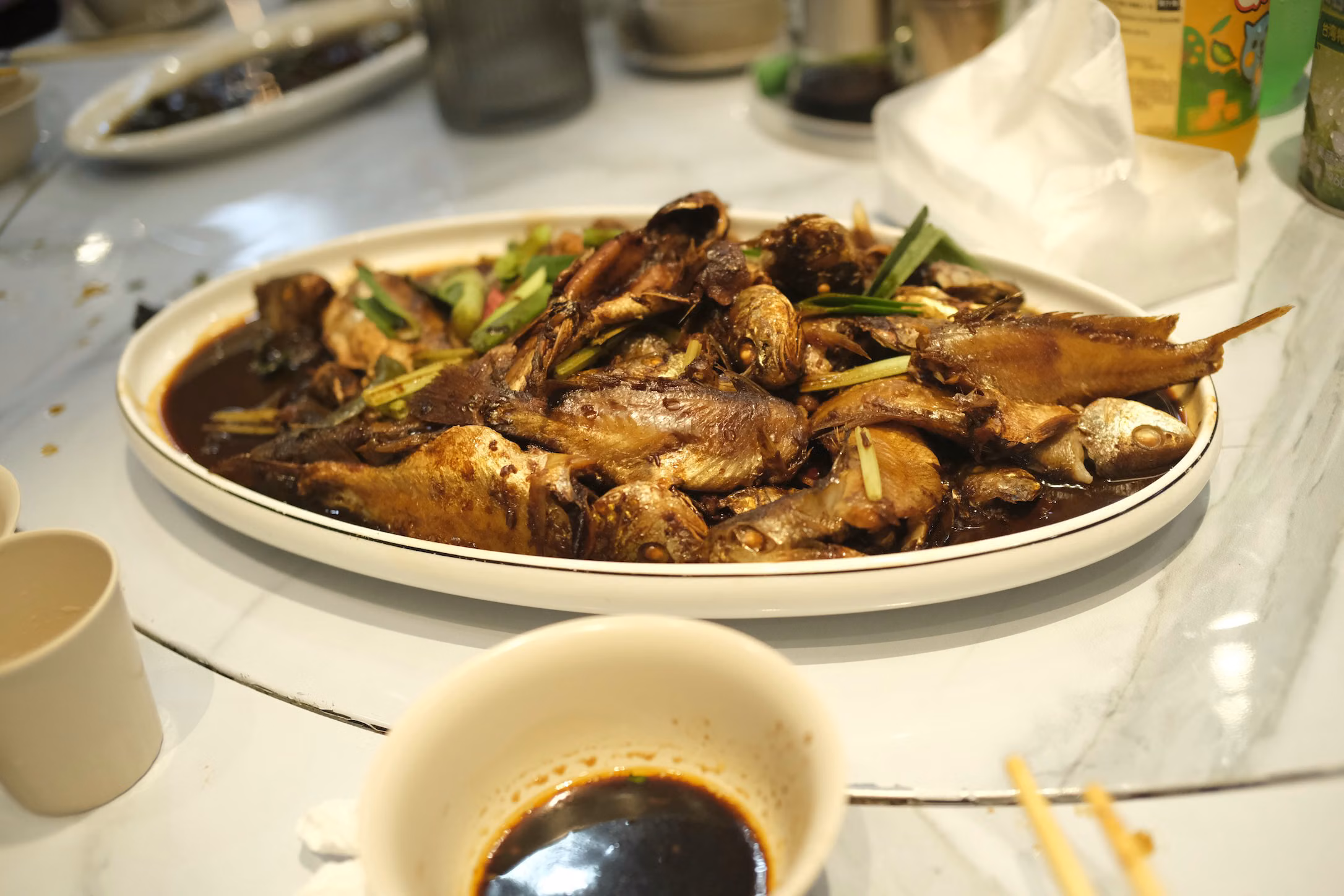 钓上来的鱼让大排档料理了~